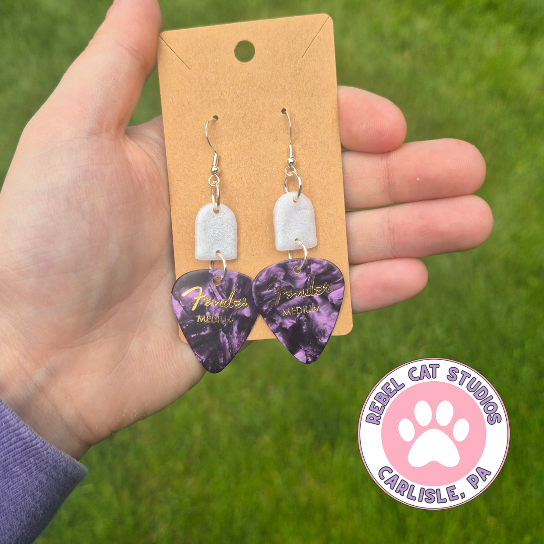 Purple Guitar Pick Polymer Clay Dangle Earrings