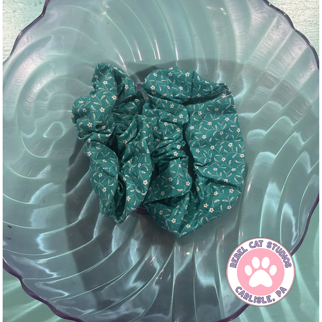 Teal Vintage Print Cotton Scrunchie